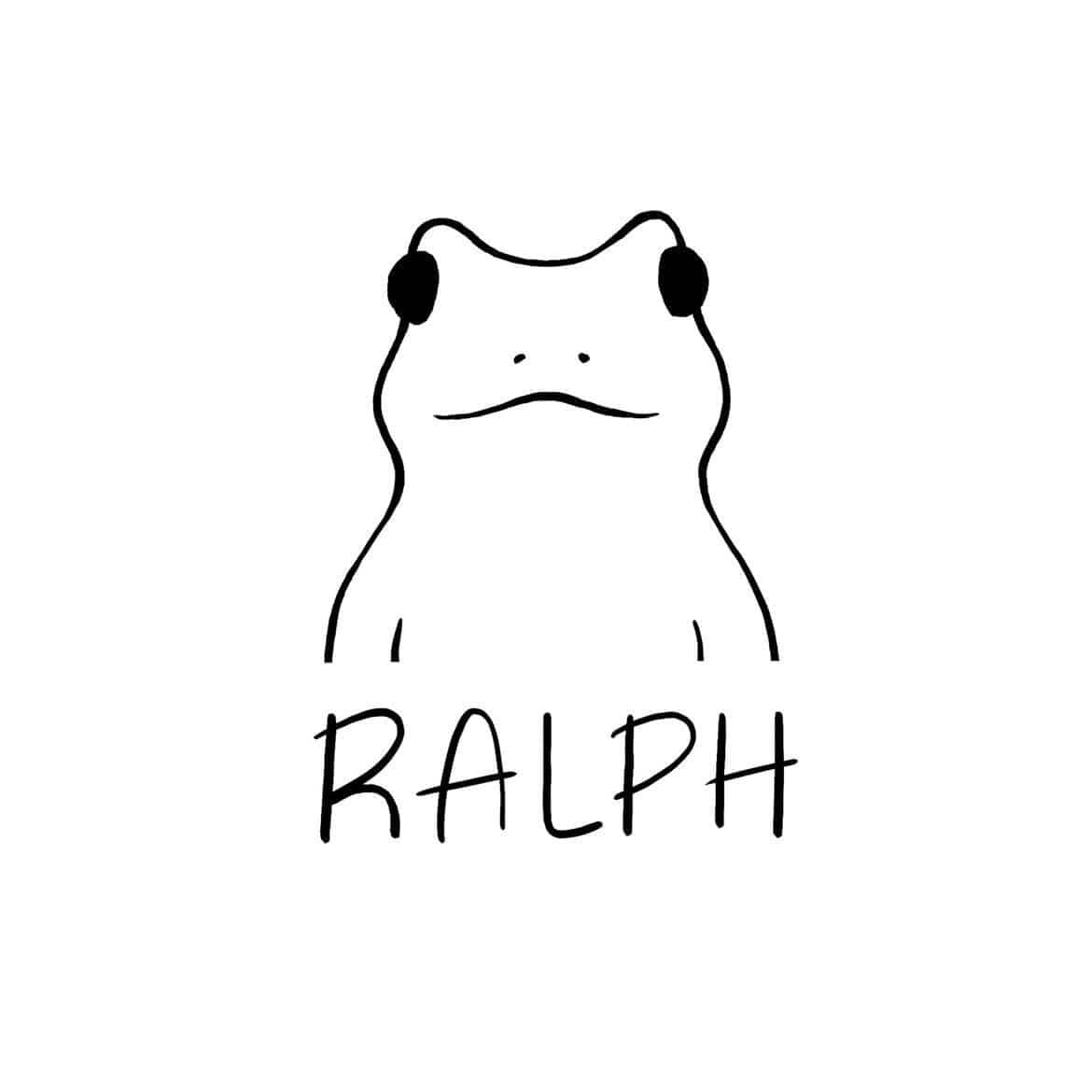 The original hand-drawn Ralph artwork: a very serious frog with RALPH written underneath.