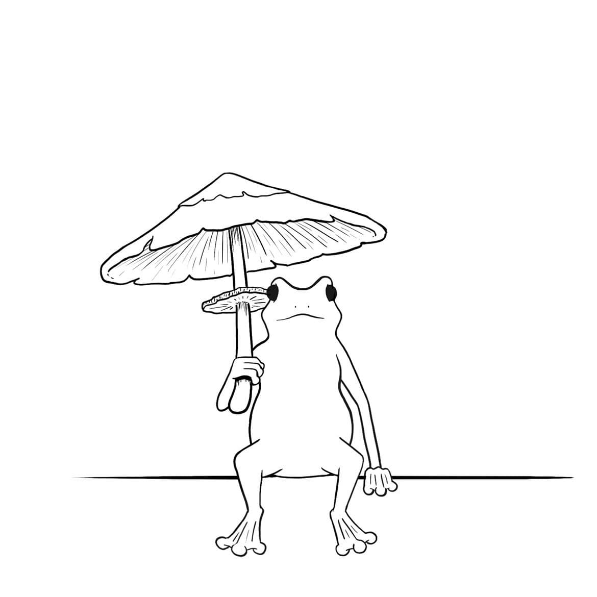 Ralph the frog sitting under a mushroom he is holding like an umbrella.
