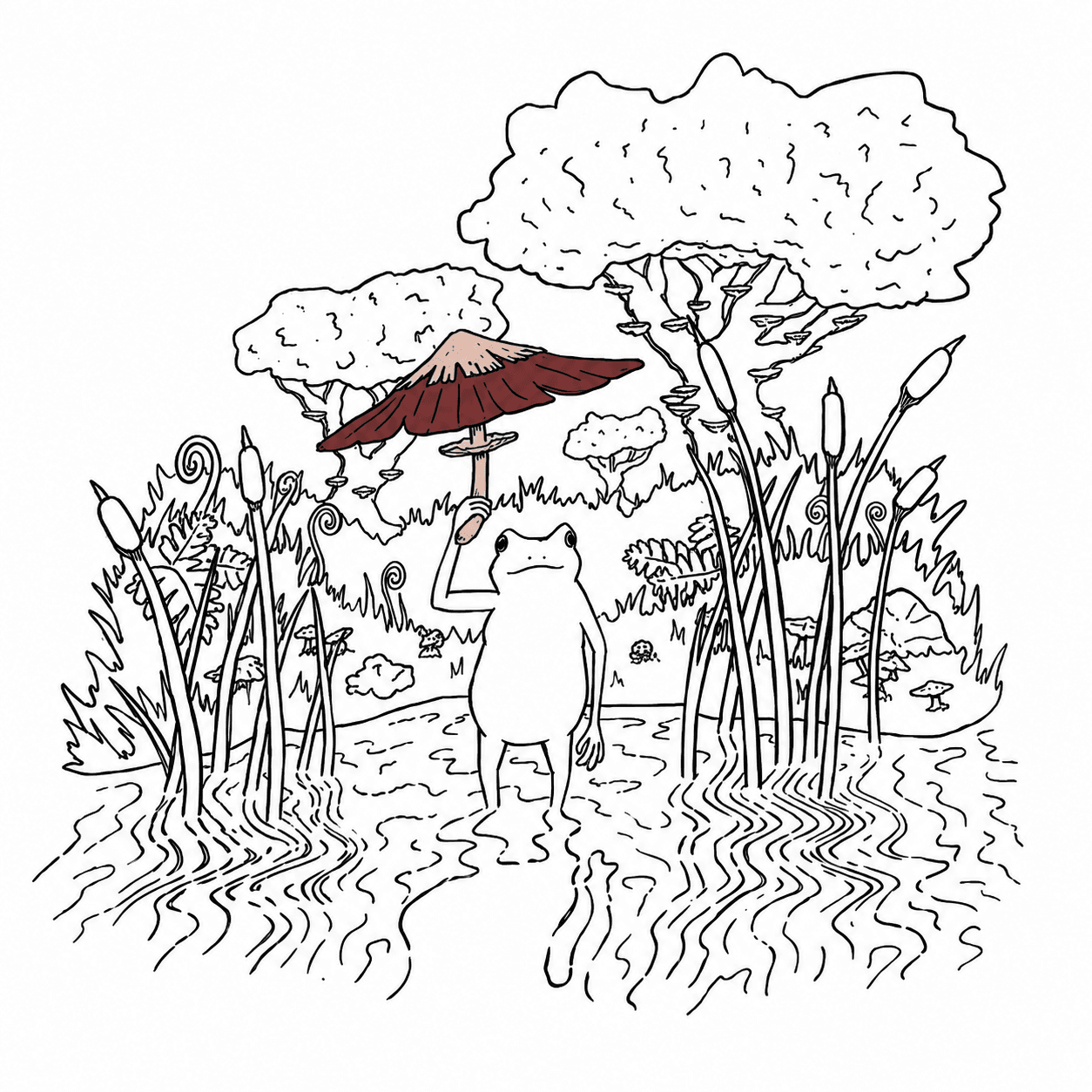 Detailed line illustration of Ralph the frog standing in a pond, holding a mushroom over his head like an umbrella, surrounded by ferns, cattails, and trees.